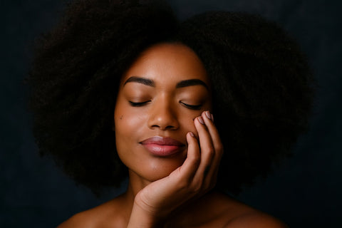 Confident Black woman with natural hair and glowing skin gently touching her face – representing natural, organic face moisturisers for healthy, radiant skin by Conscious Skincare