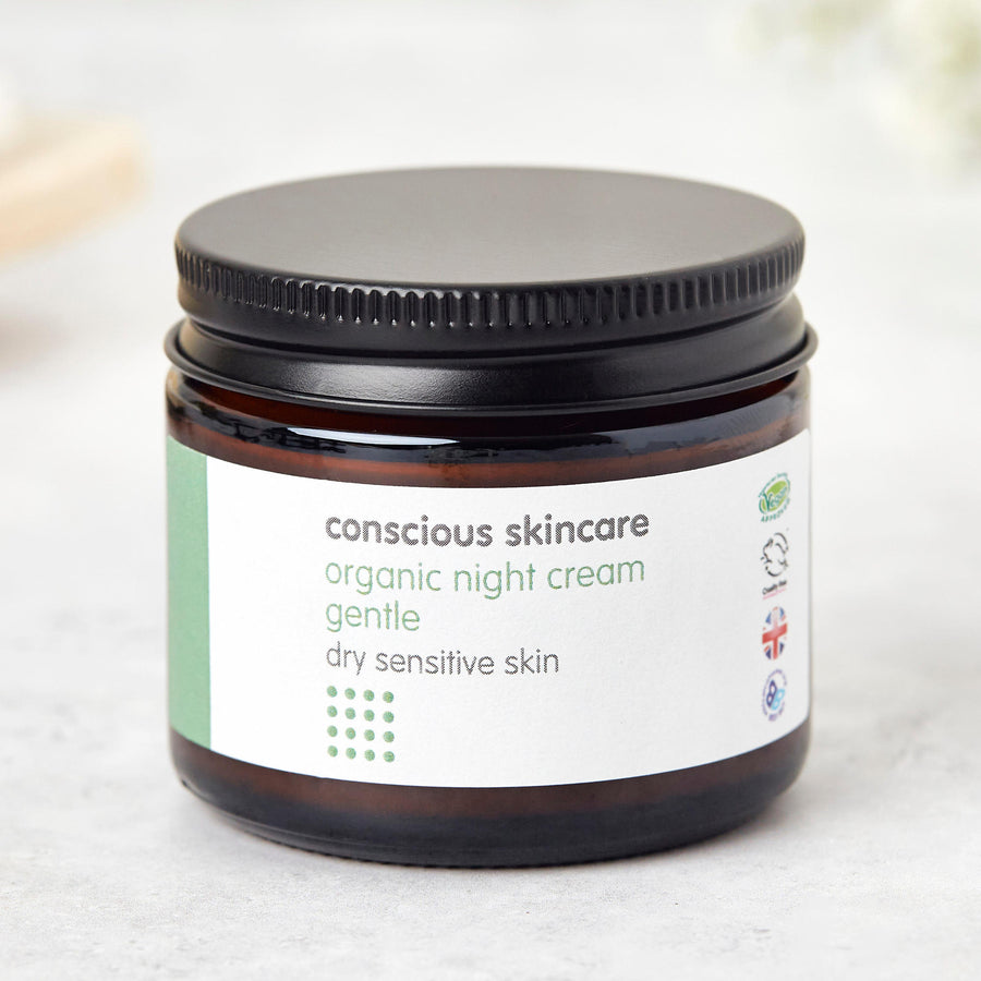 natural face cream for dry sensitive skin in 60ml amber glass jar with black lid