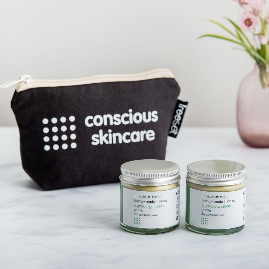 Gentle Day & Night Natural Face Cream bundle in glass jars and conscious skincare bag