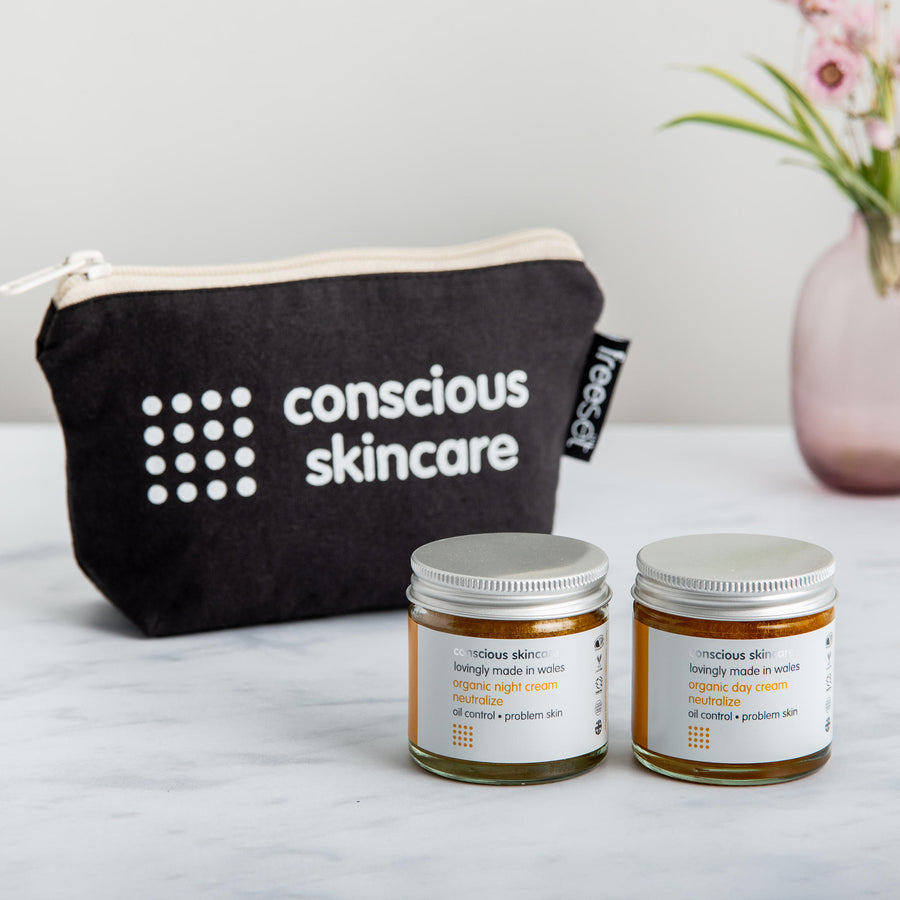 Neutralize Day & Night Face Creams for Oily Skin Bundle in Conscious Skincare fairtrade cotton bag
