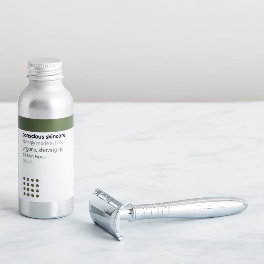 Women's Shaving Gel in  an aluminium bottle  with silver metal  safety razor