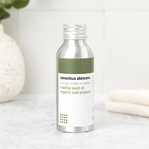 certified organic rosehip oil in 100ml aluminium bottle — pure, cold-pressed rosehip face oil