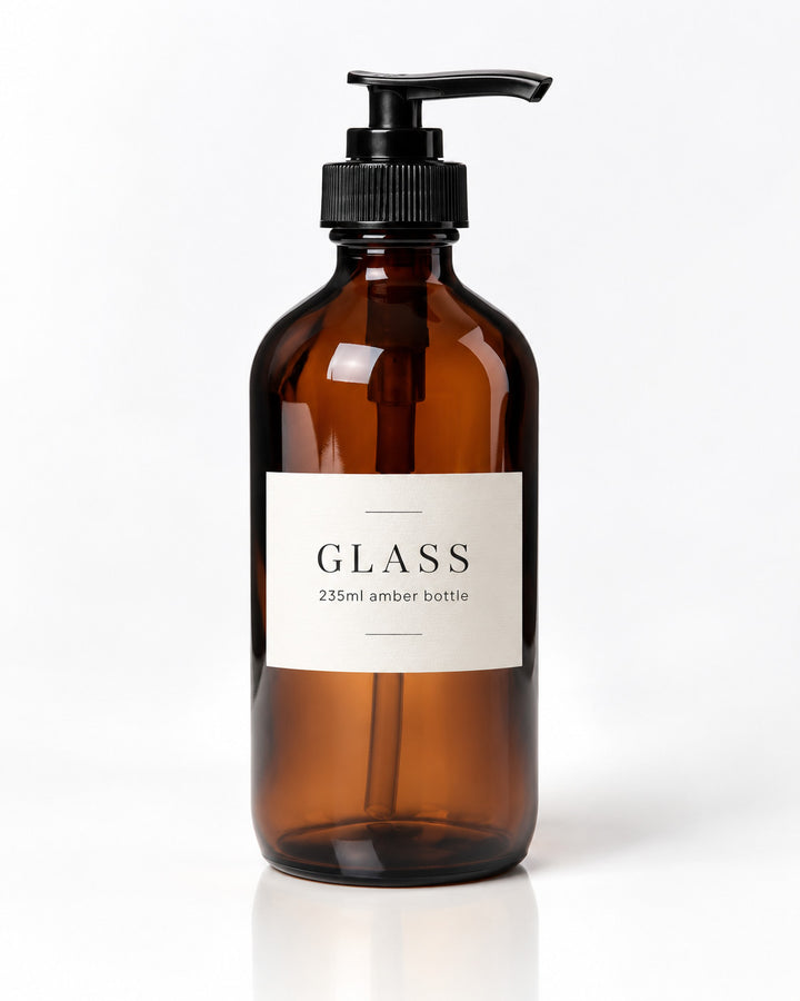235ml amber glass pump dispenser bottle with black pump – glass option