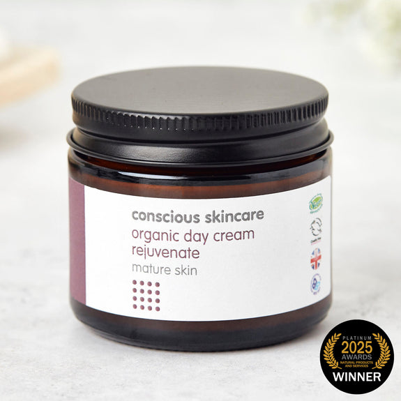PLATINUM AWARD WINNER – REJUVENATE DAY MOISTURISER’ – Voted Best Facial Moisturiser 2025 in the Janey Lee Grace awards. A natural anti-aging cream with niacinamide, vegan collagen & hyaluronic acid for mature, dry & sensitive skin. Discover why it’s award-winning.
