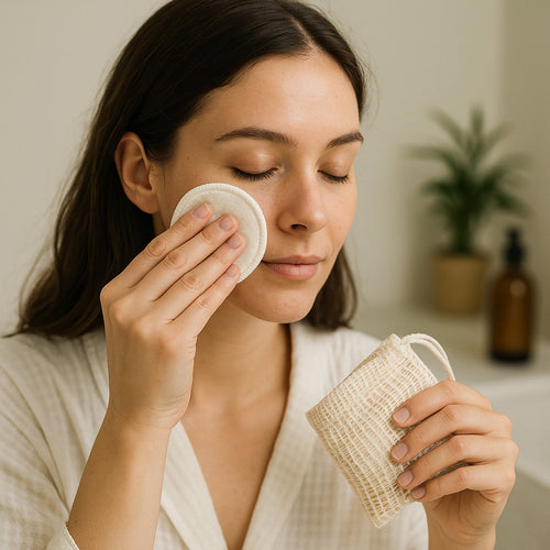 Woman cleansing her face with a reusable organic cotton makeup remover pad in a minimal bathroom setting