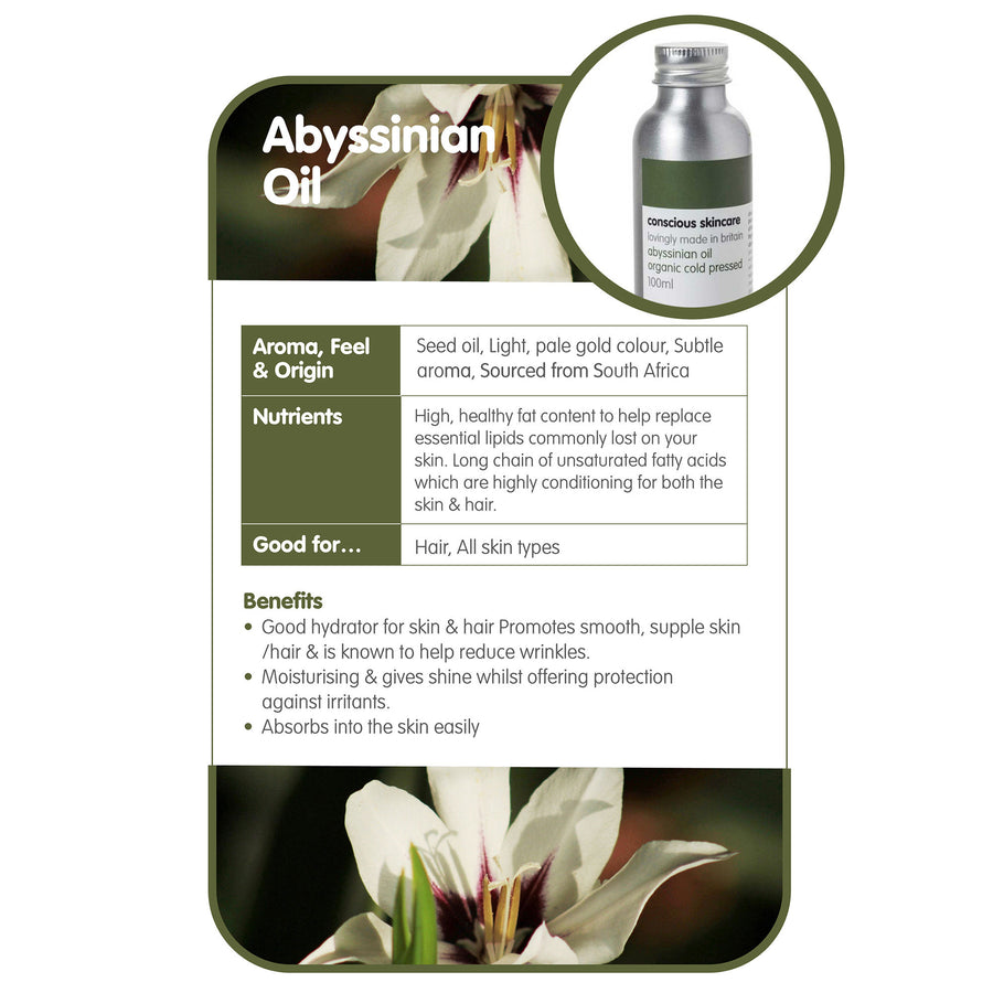 Abyssinian oil benefits infographic — nutrients, hair shine and skin feel