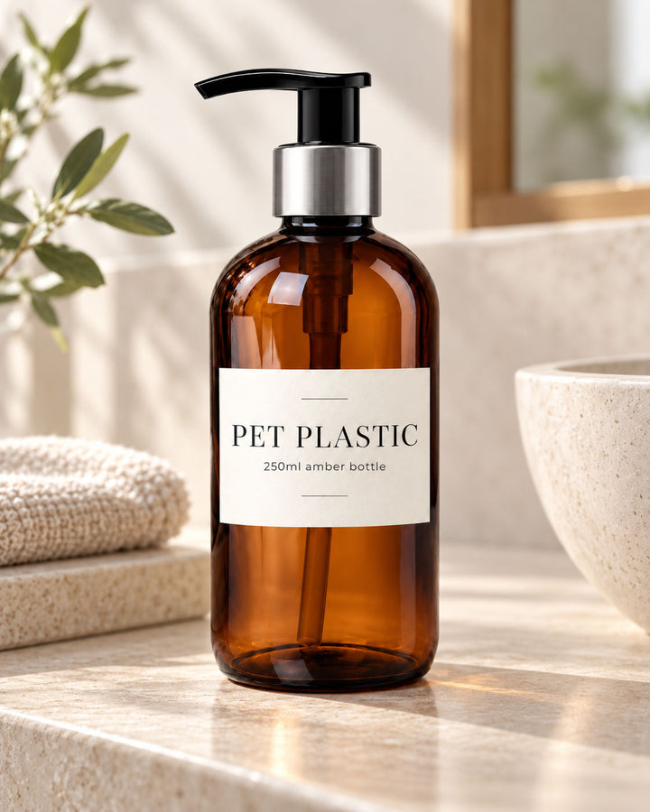 250ml amber PET plastic pump dispenser bottle styled on a bathroom vanity