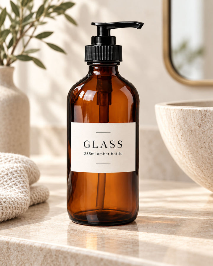 235ml amber glass pump dispenser bottle styled on a bathroom vanity