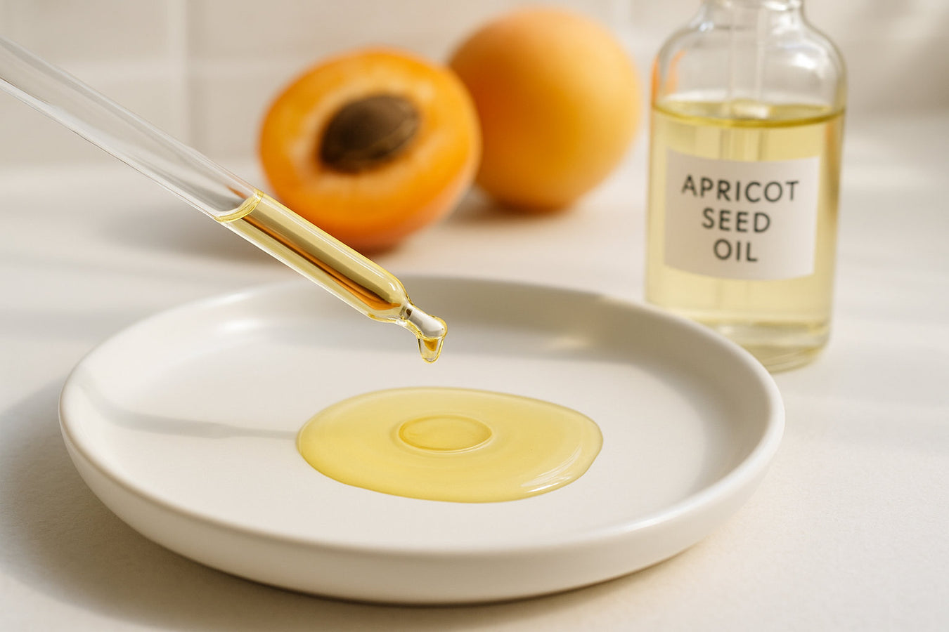 Apricot seed oil texture on a white ceramic plate with glass dropper; pale golden oil in a bright bathroom setting
