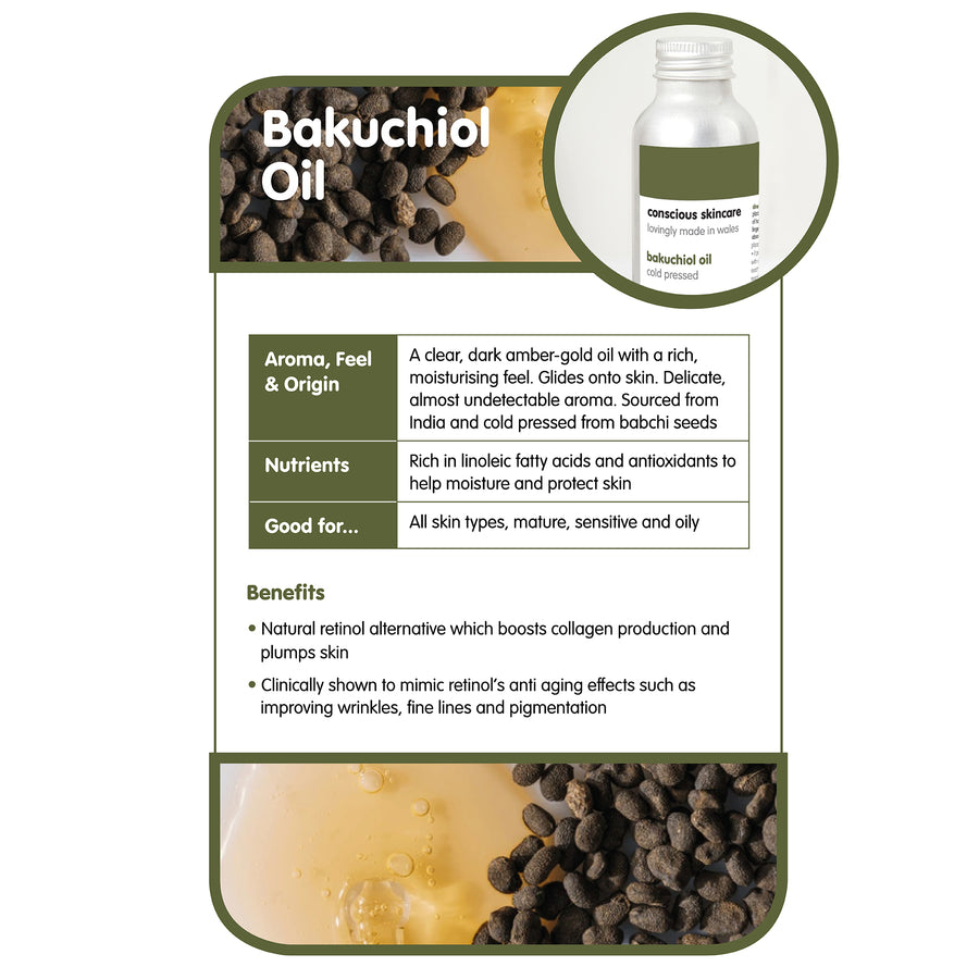 bakuchiol oil benefits infographic — smoother look, more even tone, gentle on sensitive skin; cold-pressed seed oil