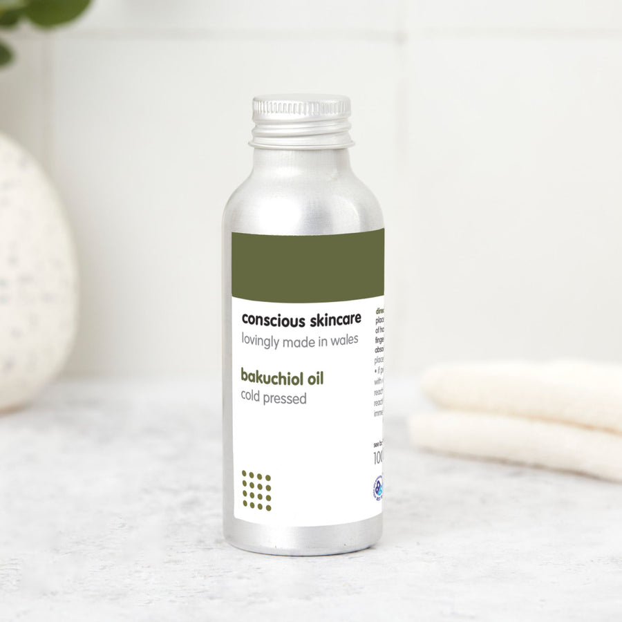 bakuchiol oil — cold-pressed babchi (bakuchi) seed oil in 100ml aluminium bottle; gentle retinol alternative