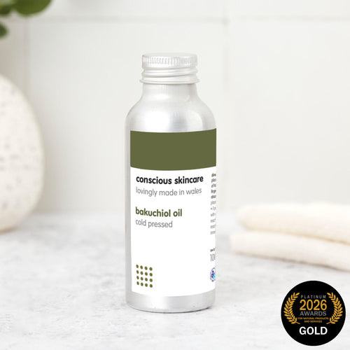 Conscious Skincare cold-pressed Bakuchiol Oil with 2026 Janey Lee Grace Gold Award badge