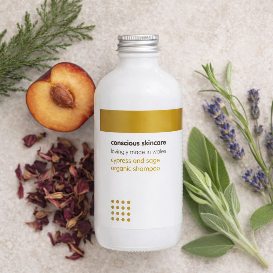 Plum and hibiscus botanicals with Cypress & Sage shampoo bottle — key actives for a clean, comfortable finish