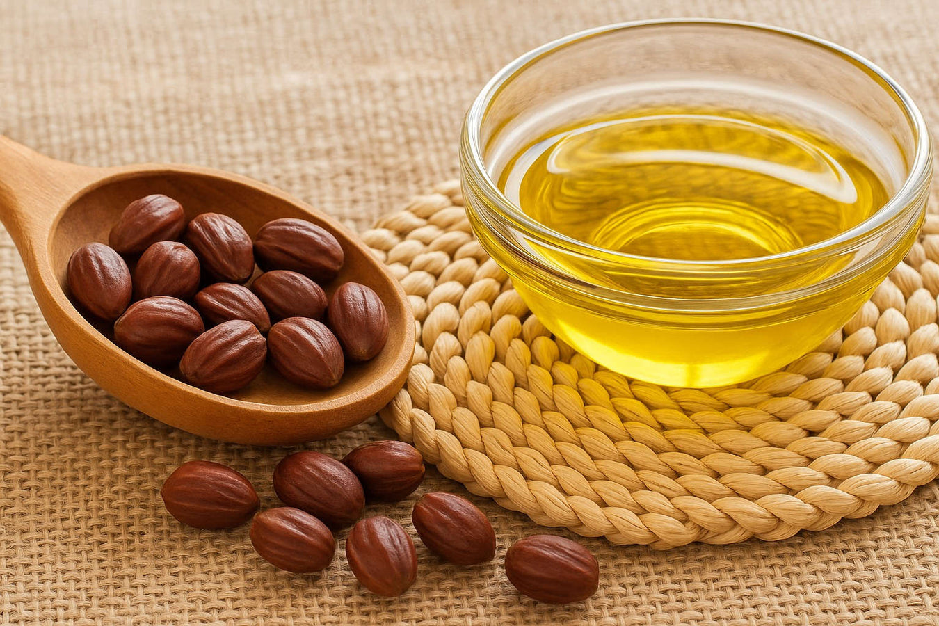 jojoba seeds and dish of cold-pressed jojoba oil — natural source of lightweight jojoba oil for face