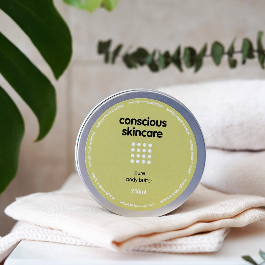 Fragrance free body butter tin on cloth – unscented, plastic-free container