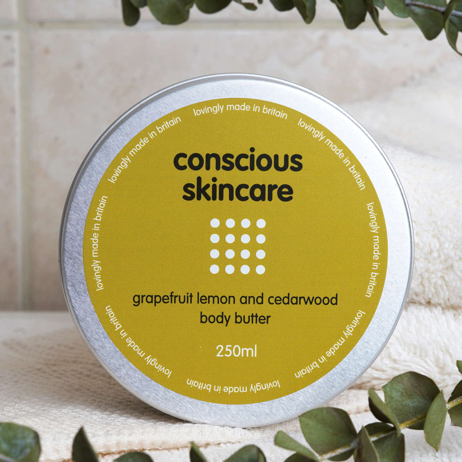 Organic body butter in aluminium tin – Grapefruit, Lemon & Cedarwood packshot