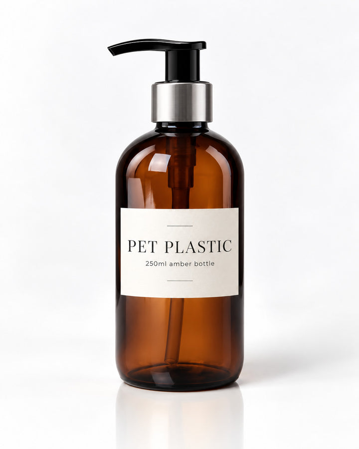 250ml amber PET plastic pump dispenser bottle with silver collar – PET plastic option