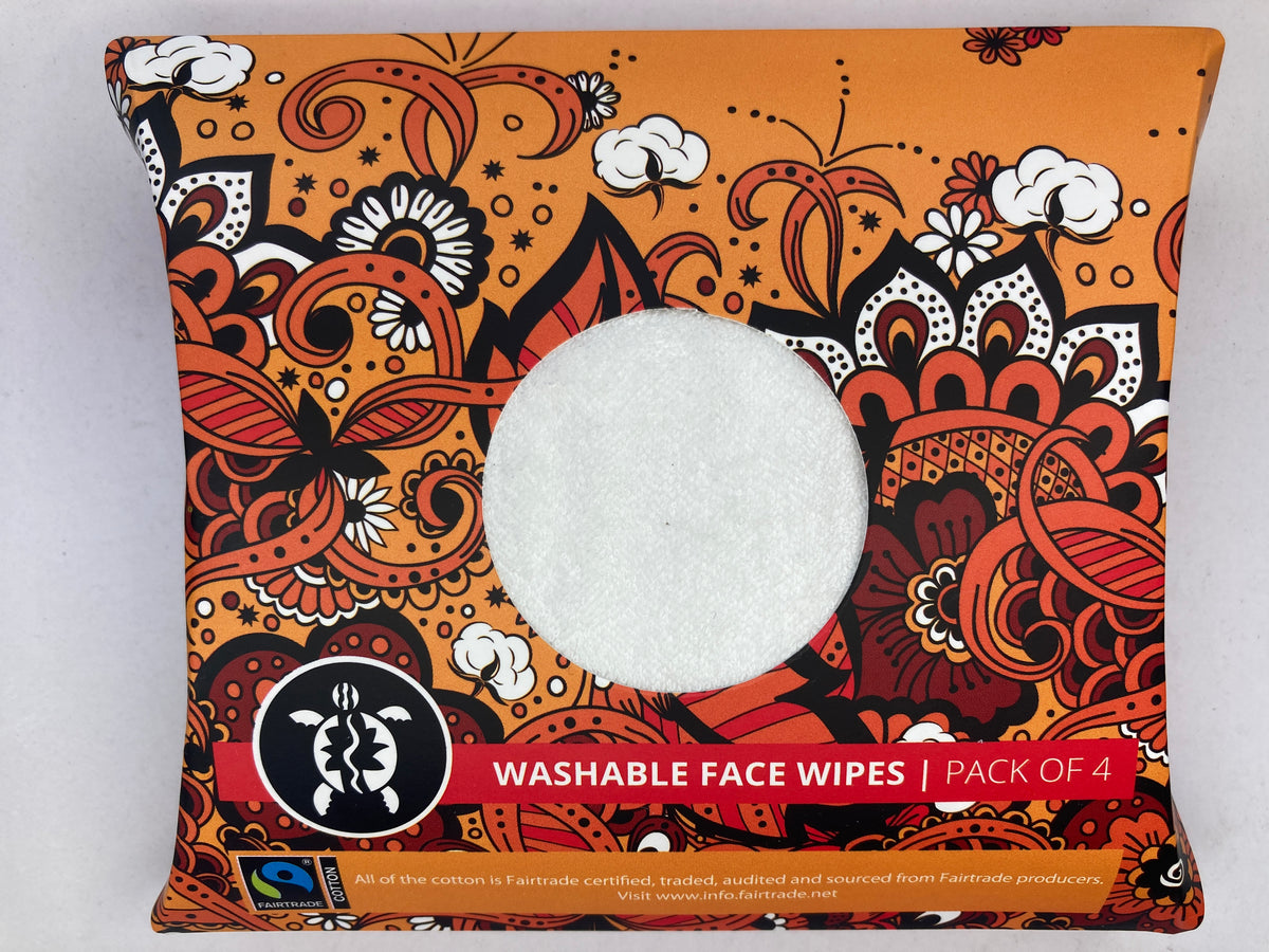 Travel Pack of 4 washable face wipes with decorative packaging on a white background