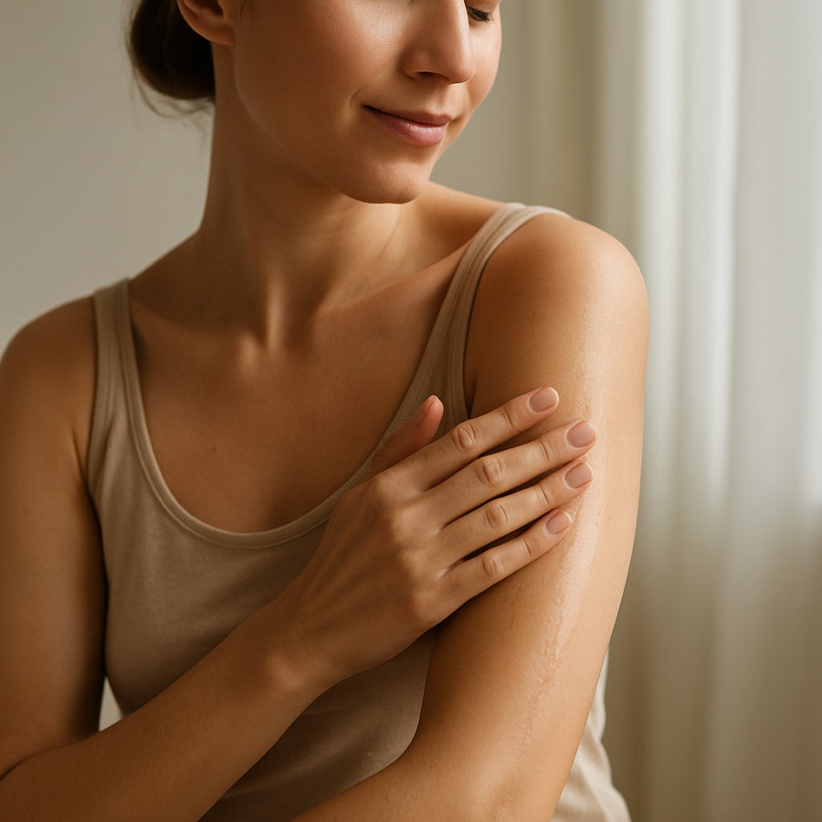 Close-up of a woman gently applying body oil to her arm — natural hydration and skin nourishment with Sweet Orange & Frangipani Body Oil by Conscious Skincare.