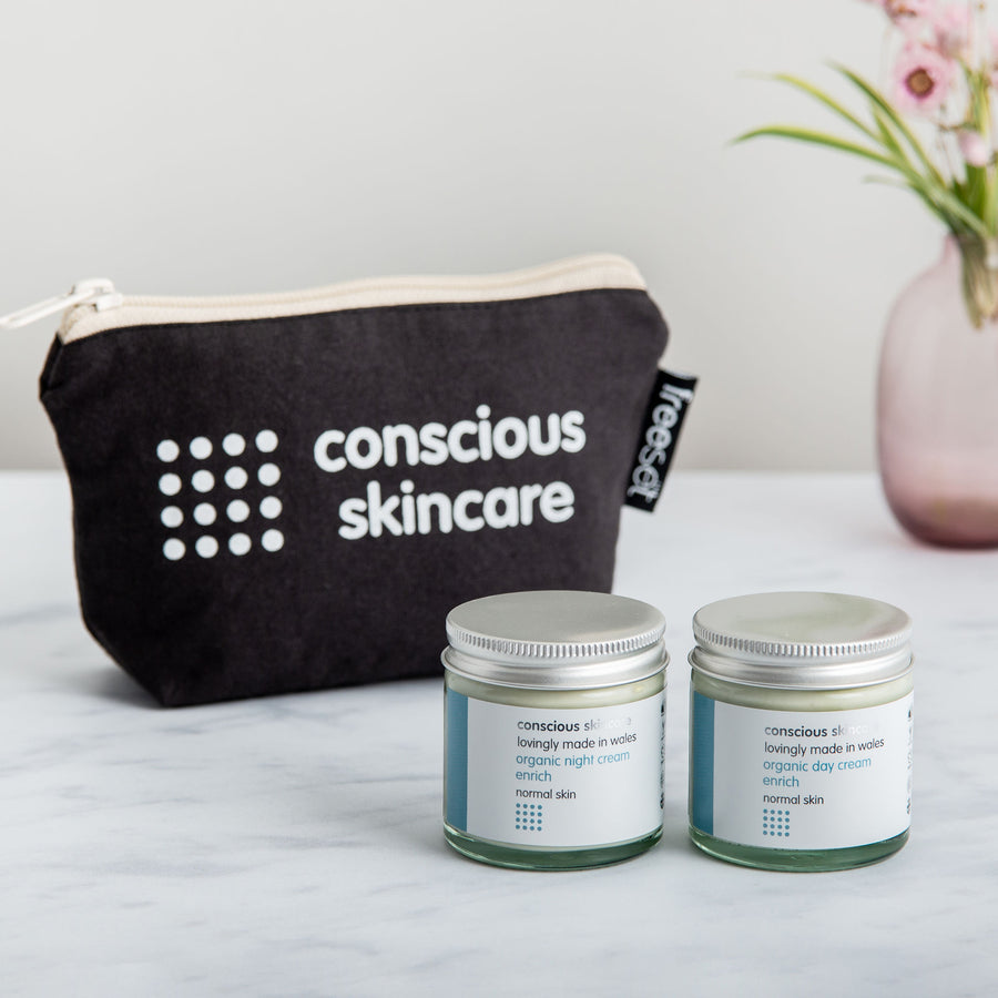 Enrich Day and Night Vegan Face Cream Bundle in Conscious Skincare Fairtrade Cotton bag