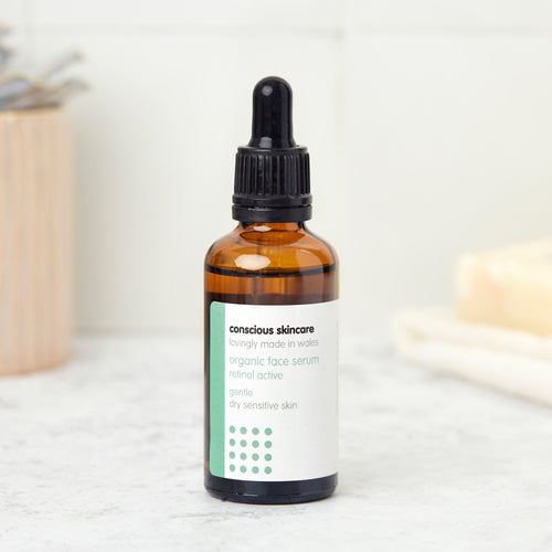 Gentle serum for dry skin in a 50ml amber glass bottle with black dropper