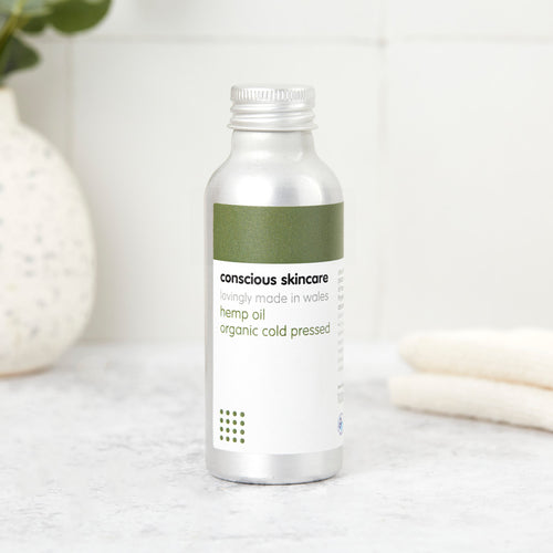 Organic hemp oil in a silver 100ml aluminium bottle with screw cap