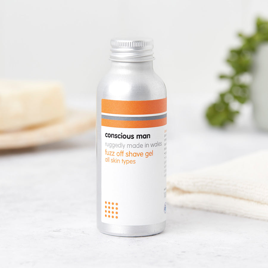 Fuzz Off shaving gel in a 100ml aluminium bottle — non-foaming gel with organic aloe vera and cucumber extract for a smooth, comfortable shave.