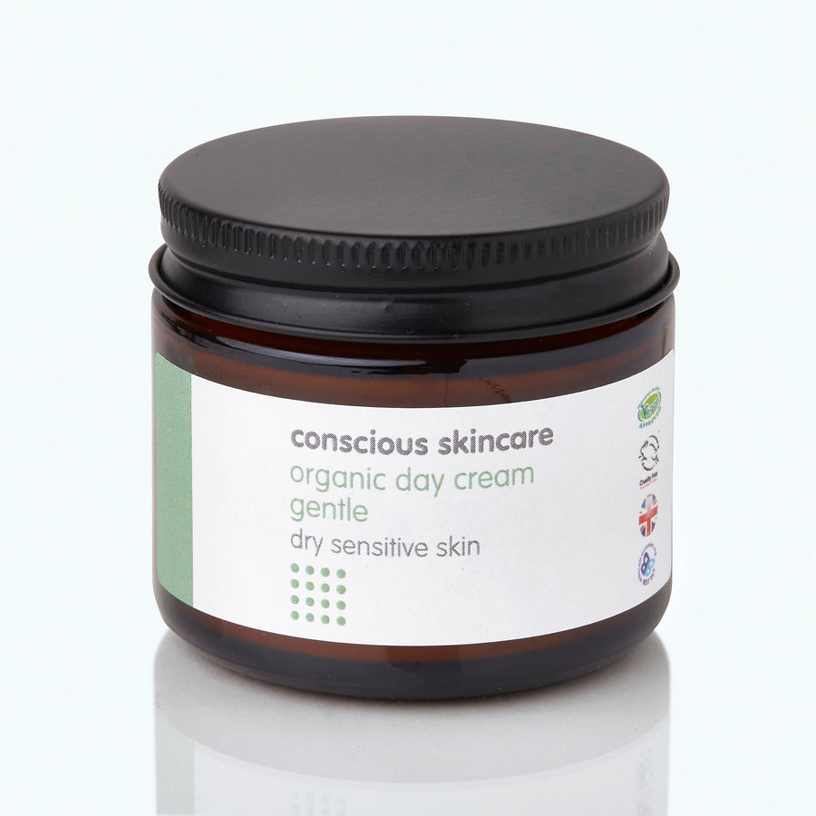 Angled view of Gentle Day Organic Face Cream — soothing organic face cream for dry, sensitive skin.