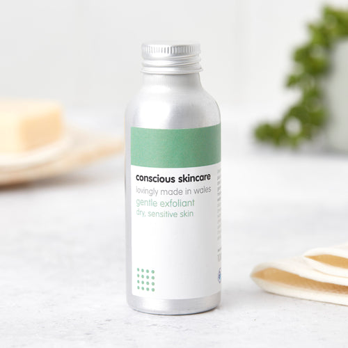 Gentle exfoliator for sensitive skin in a silver 100ml aluminium bottle with screw cap
