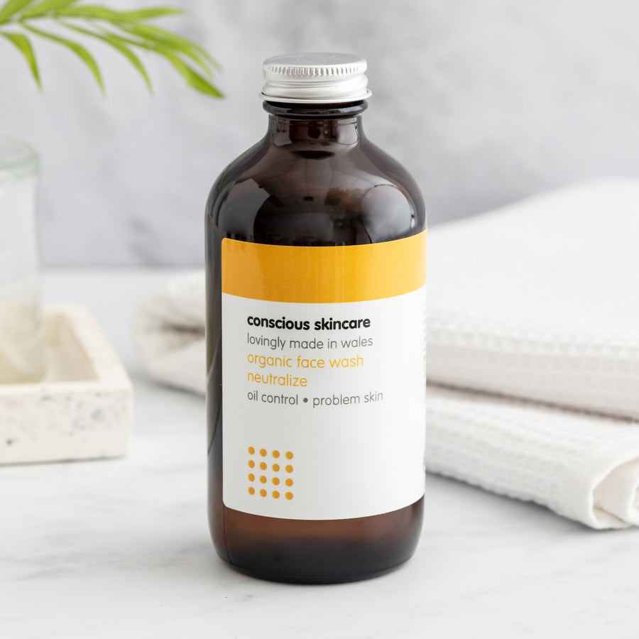 Neutralize face wash for oily skin in amber glass bottle – gentle vegan face wash for oily, sensitive skin