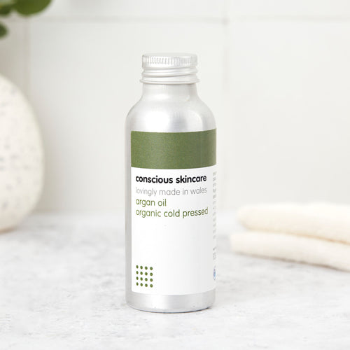 organic argan oil for skin, cold-pressed in a 100ml aluminium bottle; lightweight face, hair & nail oil