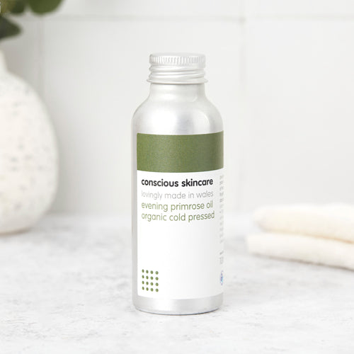 Organic Evening Primrose oil in a silver 100ml aluminium bottle with screw cap