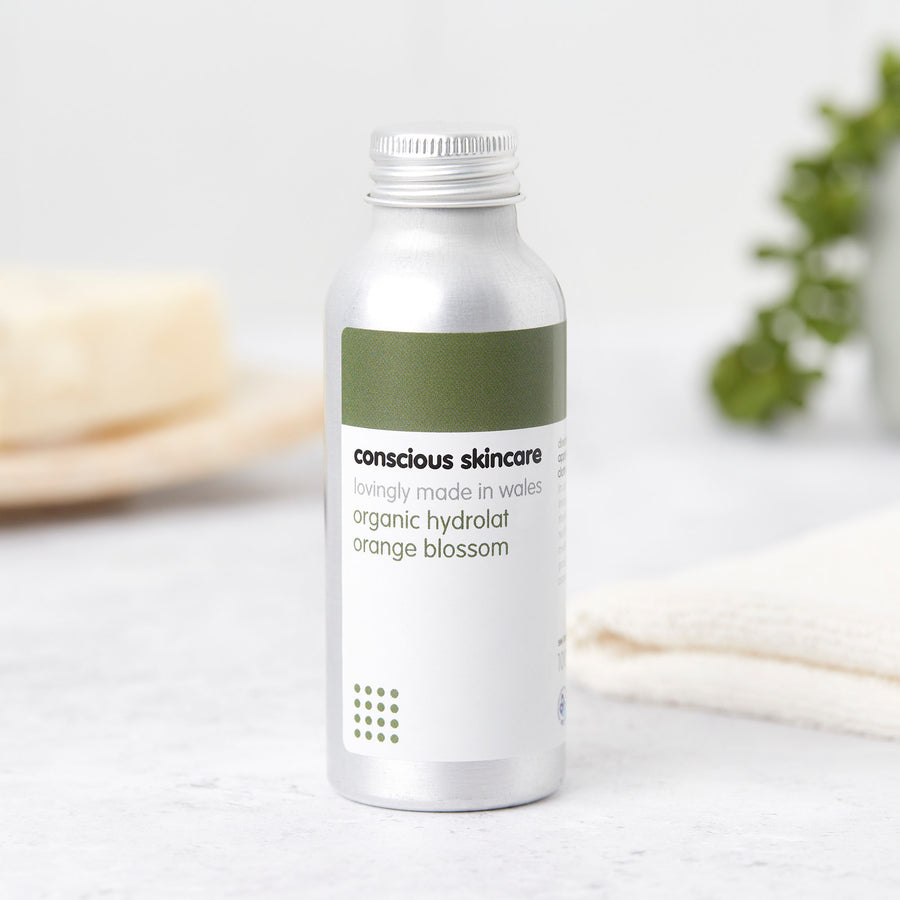 Organic Orange Blossom Facial Toner in silver 100ml aluminium bottle with screw cap