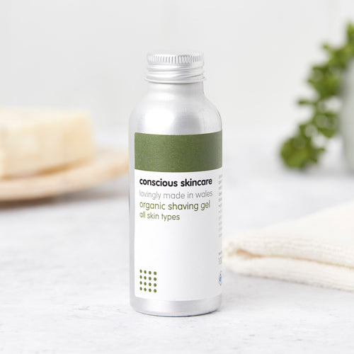 Organic women's shave gel in silver 100ml aluminium bottles with screw cap