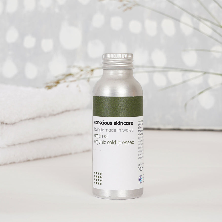refillable organic argan oil — cold-pressed; aluminium bottles with plastic-free option