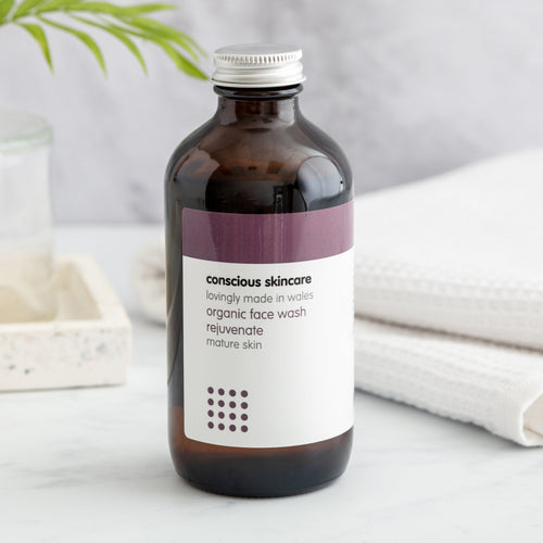 Rejuvenate Organic Face Wash – natural face wash for mature skin in amber glass bottle