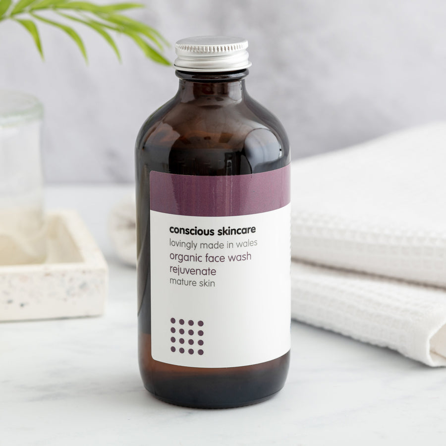 Rejuvenate Organic Face Wash – natural face wash for mature skin in amber glass bottle