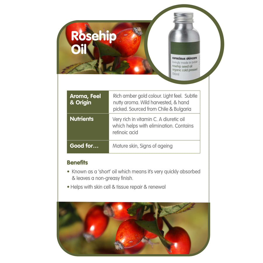 rosehip oil benefits infographic — hydration, even skin tone, smoother texture; 100% cold-pressed seed oil