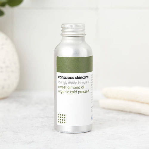 Sweet almond oil 100ml — organic, cold-pressed oil in plastic-free aluminium bottle with screw cap